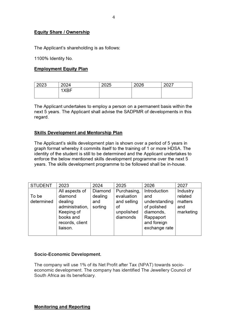 Business Plan Template for Diamond Licence