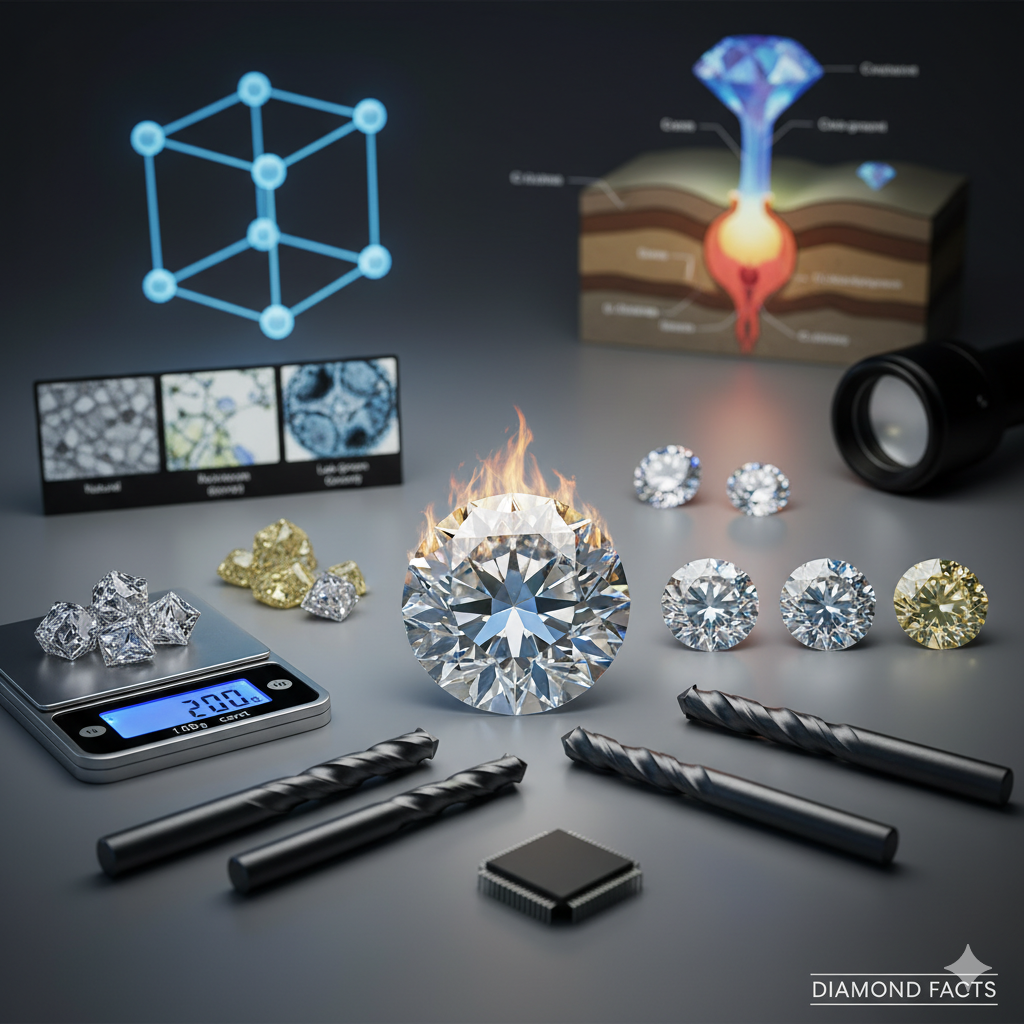 Diamond facts infographic showing crystal structure, formation diagram, a burning brilliant-cut diamond, rough diamonds on a scale showing '200 carat', industrial drill bits, and a microchip. The image illustrates the Four Cs, geological origin, and industrial uses of diamonds.