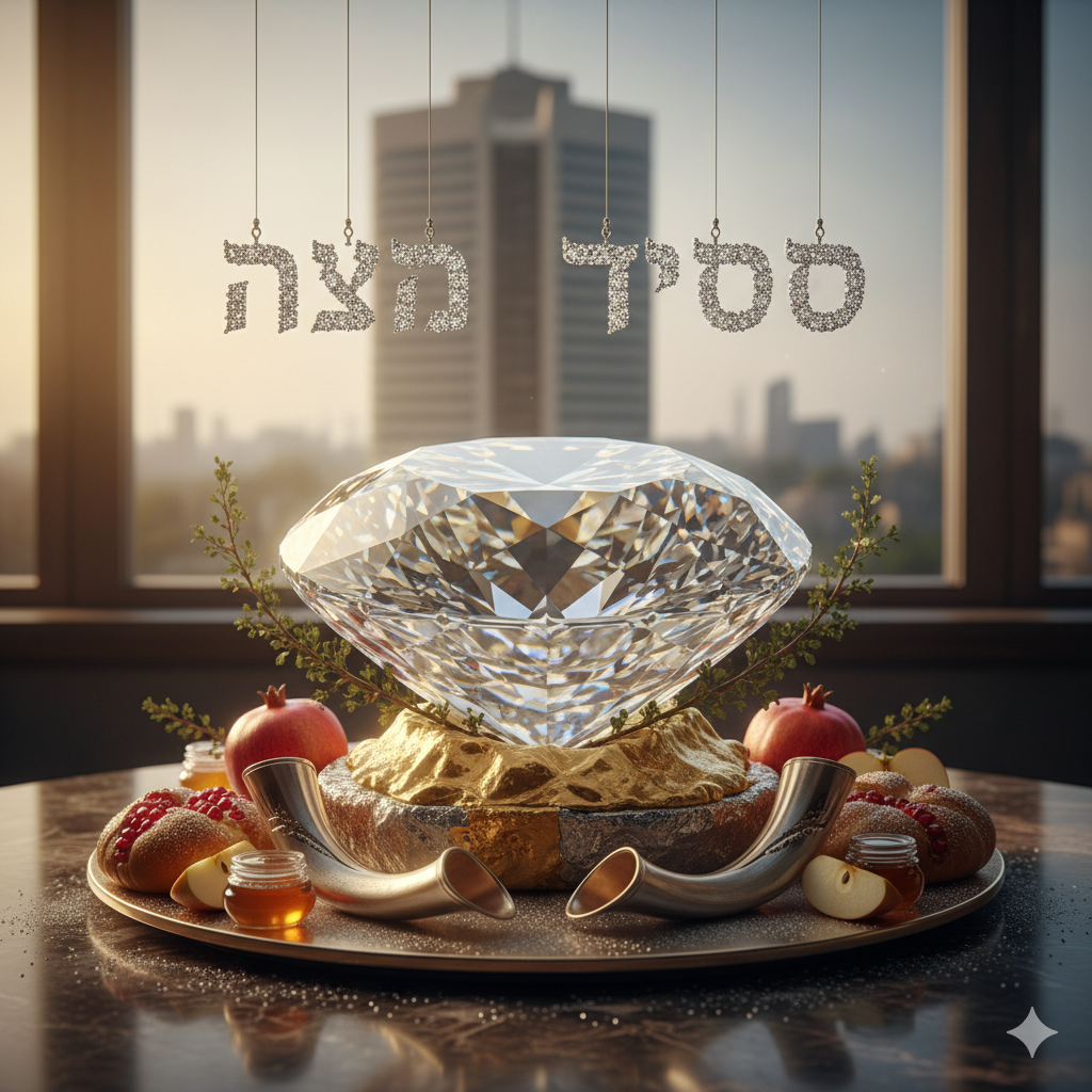 A sparkling, large, brilliant-cut diamond resting on a gold-flaked mound, surrounded by pomegranates, challah, apple slices, honey jars, and shofars, set against a blurred city skyline seen through a window. The Hebrew words "שנה טובה" (Shana Tova) hang above.