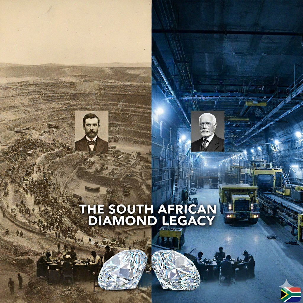 Split image showing the historical Kimberley diamond mine (left) and a modern underground South African diamond mine (right). Portraits of Cecil Rhodes and Ernest Oppenheimer are featured. The text reads "THE SOUTH AFRICAN DIAMOND LEGACY", with two brilliant-cut diamonds and the South African flag. It visually represents the evolution of diamond mining in South Africa.