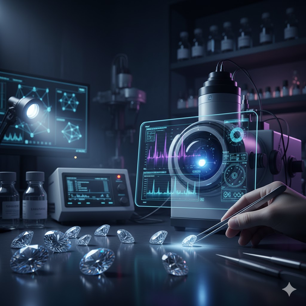 Gemologist in a lab inspecting diamonds under a high-tech microscope with holographic displays of CVD/HPHT growth patterns and spectroscopic data for identification.