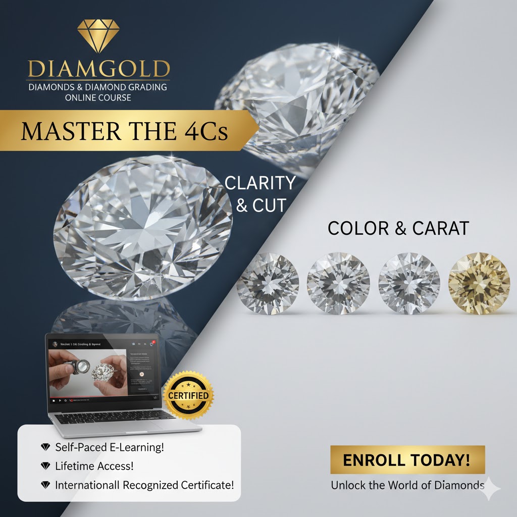 Diamgold Diamonds and Diamond Grading Online Course banner showing the 4Cs (Color, Clarity, Cut, Carat) with a certification badge and a laptop displaying the e-learning platform