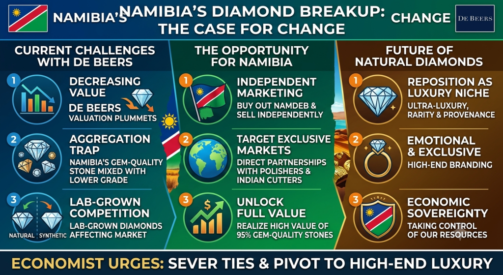 An informational infographic titled "Namibia's Diamond Breakup: The Case for Change" organized into three color-coded vertical columns highlighting an economist's recommendation for Namibia to sever ties with De Beers.